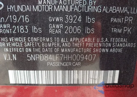 2017 Hyundai Elantra Limited z USA, uszkodzony, nr VIN 5NPD84LF7HH009407